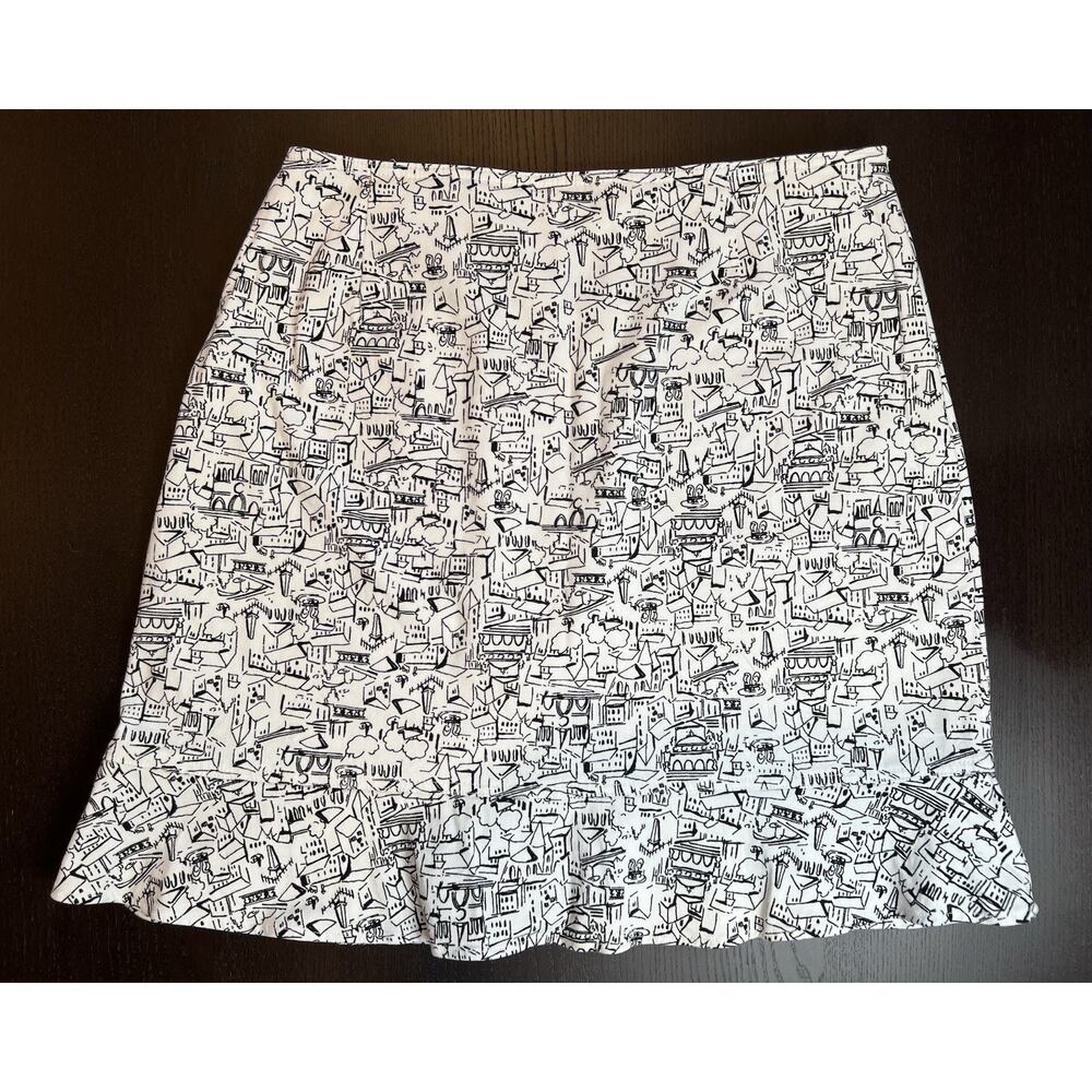 Vtg Briggs NY Black & White City Sketch Art French Ruffle Skirt Women’s Sz 14